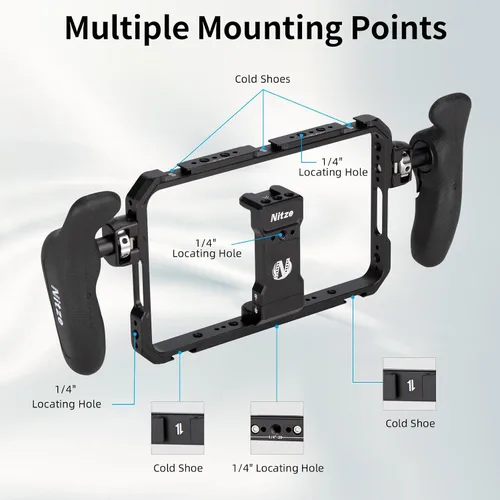 Vista 3 de Nitze - Soporte universal para teléfono inteligente T-MP01B Ergonomic Side Handles, Adjustable Cellphone Clamp, 5 Built-in Cold Shoes, For Vlogger