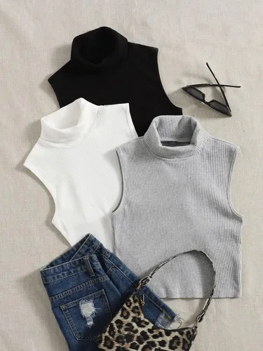 Vista 3 de SheIn Camiseta sin mangas con cuello de tortuga para mujer, 3 piezas, sin mangas, de punto acanalado