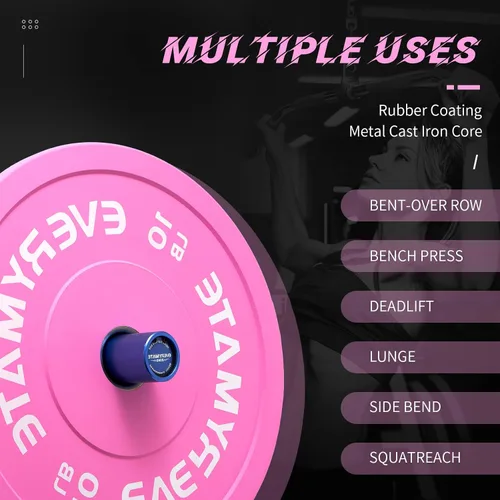 Vista 3 de EVERYMATE Placas de Peso Rosa 10LB 15LB 25LB 35LB 45LB Placas Olímpicas Bumper Placas de Peso con Agarre para Entrenamiento de Fuerza y Crossfit