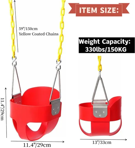 Vista 3 de Asiento de columpio para niño con respaldo alto y respaldo alto Cadenas de columpio revestidas totalmente montadas Juego de columpio rojo
