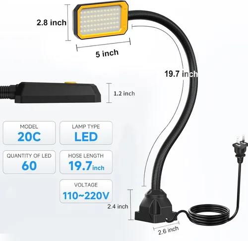 Vista 3 de Luz de trabajo LED de cuello de cisne de 20 pulgadas, 1500 lm, lámpara de máquina ajustable con base de montaje de tornillo para torno, prensa
