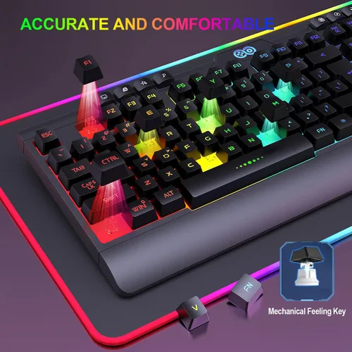 Vista 8 de Combo de teclado y mouse inalámbricos para juegos con retroiluminación LED arco iris, batería recargable de 4000 mAh, mecánica, ergonómica