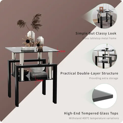 Vista 8 de Juego de 3 mesas auxiliares y mesa auxiliar de cristal, diseño clásico de 2 niveles, parte superior de vidrio templado y patas de metal sólido, uso