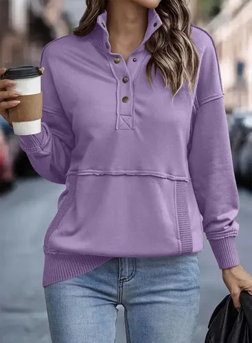 Vista 2 de SHEWIN Sudadera casual de manga larga para mujer, ligera, con botones, holgada, sin botones