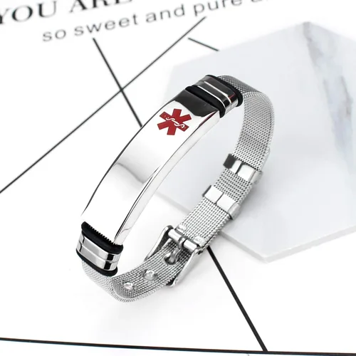Vista 3 de Pulsera de concientización de enfermedades de alerta médica de acero inoxidable con grabado personalizado gratuito para mujeres y hombres, pulsera