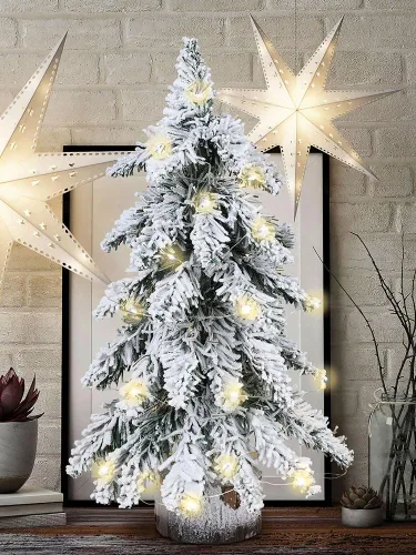 Vista 7 de Prelit - Mini árbol de Navidad artificial, árbol de Navidad de mesa flocado de 18 pulgadas con luces y base de madera, pino de Navidad