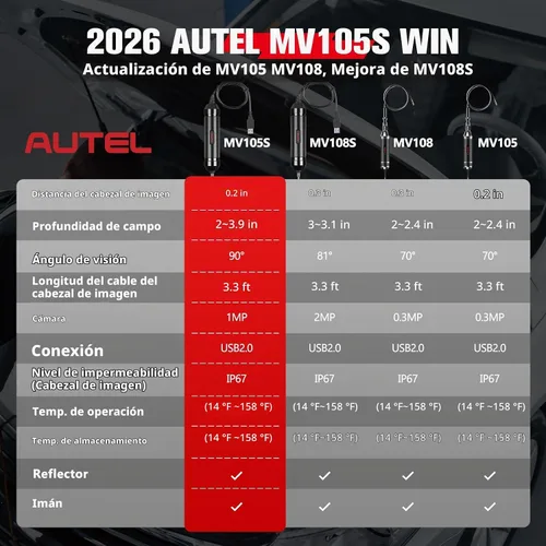Vista 9 de Autel Cámara de inspección MV105S, sonda ultrafina de 0.2 in, boroscopio gran angular de 90°, cámara endoscopio USB impermeable IP67 con luces LED