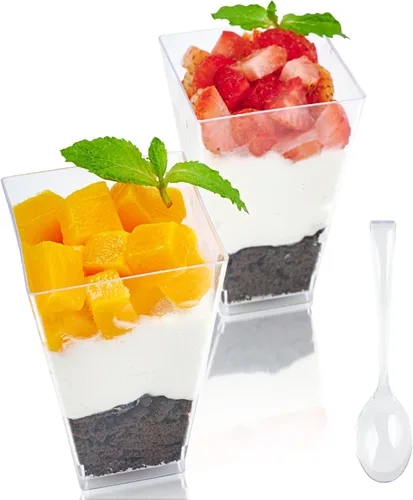 Vista 8 de JOLLY CHEF Paquete de 100 mini tazas cuadradas de postre de 2 onzas con cucharas, taza de plástico transparente para aperitivos de parfait, cuenco