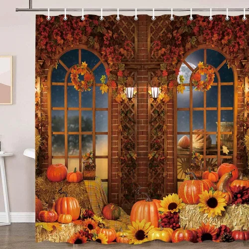 Vista 9 de Boho Fall Pumpkin Bow Shower Curtain for Bathroom, Waterproof Thanksgiving Harvest Autumn Bath Curtain with Hooks, Washable Privacy Curtain for Kids