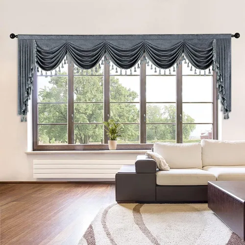 Vista 30 de ELKCA Cenefa de cortina de felpilla beige para ventana de sala de estar, cenefa de cascada para dormitorio, bolsillo para barra