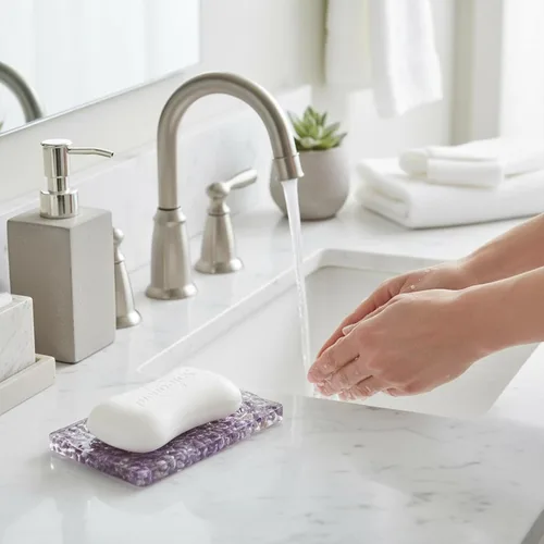 Vista 3 de Jabonera rectangular hecha a mano con piedras para decoración de ducha y baño, bandeja de jabón natural para mantener el jabón seco, accesorios