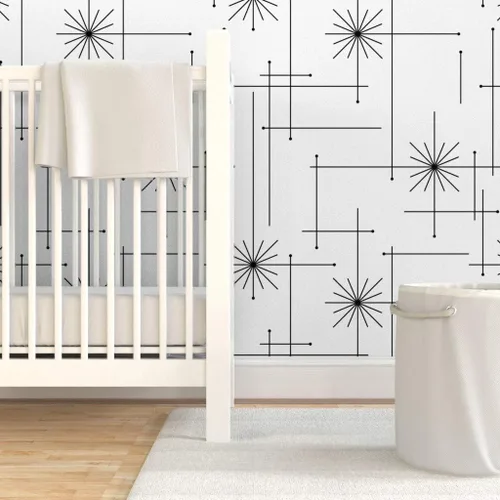 Vista 6 de Papel tapiz para despegar y pegar, diseño geométrico de mediados de siglo, moderno, negro, blanco, monocromático, minimalista, extraíble, por