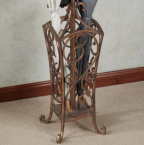 Vista 5 de Touch of Class Kensington - Perchero y sombrero, acabado dorado antiguo Metal Rack, Scrollwork Design, Eight Hanging Hooks, Bottom Umbrella