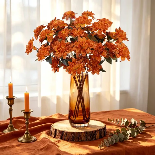 Vista 2 de Ramo de flores artificiales de dalia de seda naranja quemada, arreglo de flores de imitación para mamá, decoración de terracota, flores falsas
