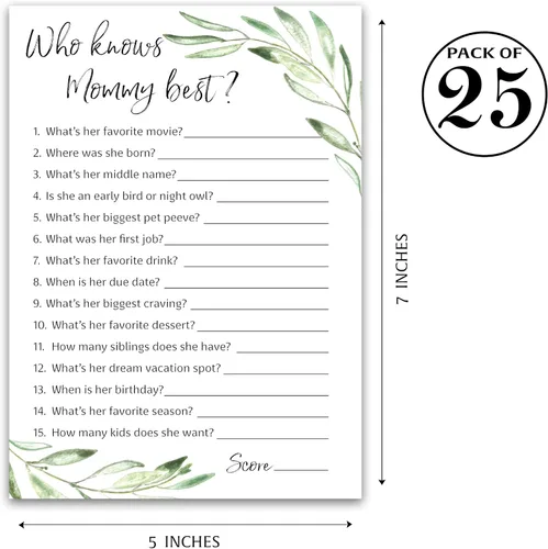 Vista 2 de GREENERY Baby Shower Games Who Knows Mommy Best – Paquete de 25 – Género NEUTRAL Baby Shower Juego Nuevo Parejas Coed Reveal Divertido Juego