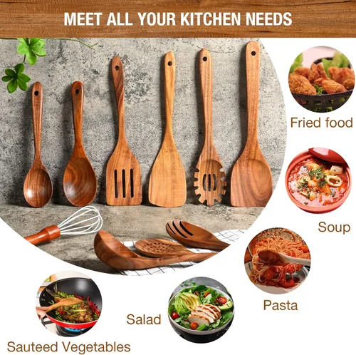 Vista 5 de Cuchara de madera de teca prémium para cocinar, juego de utensilios de cocina de madera antiadherentes de 10 piezas, cucharas de madera resistentes