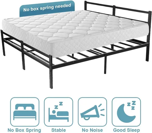 Vista 4 de Base de cama con cabecero, base de cama con plataforma de 14 pulgadas, no requiere somier, base de cama metálica de tamaño Queen con espacio
