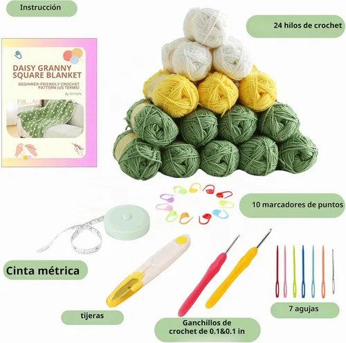 Vista 3 de CSWCS Kit de Manta de Ganchillo para Principiantes, Kit de Manta Tipo Throw de Cuadros Granny de Margaritas para Adultos, Fácil de Aprender a Tejer