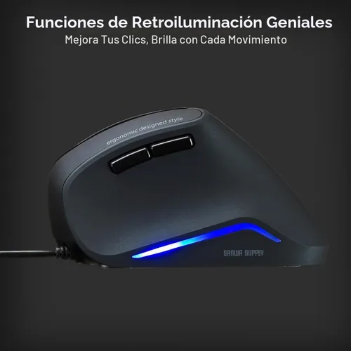 Vista 6 de SANWA Ratón ergonómico con cable, mouse vertical USB para computadora, ángulo natural de 55°, alivio de tensión de muñeca, 1000/1600 DPI, 5 botones