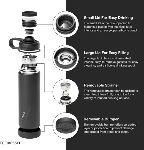 Vista 3 de EcoVessel Botella de agua de acero inoxidable con tapa doble aislada, botella de agua aislada con colador y protector de botella de silicona, taza