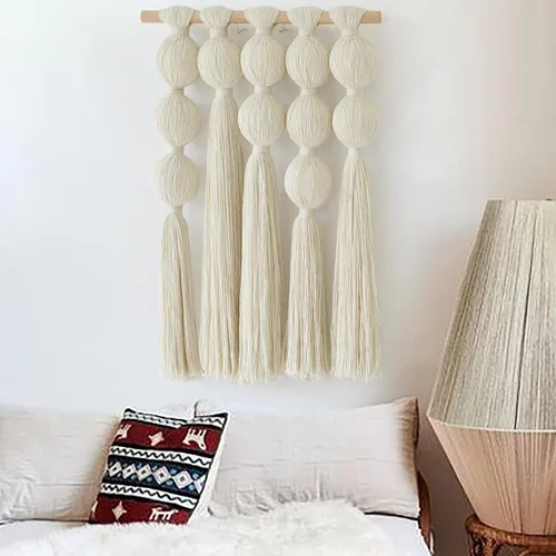 Vista 9 de Jakalin Macramé para colgar en la pared, arte de pared de fibra con borlas Negro