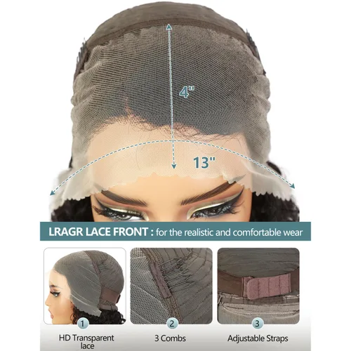 Vista 3 de Peluca de cabello humano corto y rizado con encaje frontal de 13 x 4, sin pegamento, peluca de cabello virgen brasileño rizado HD transparente