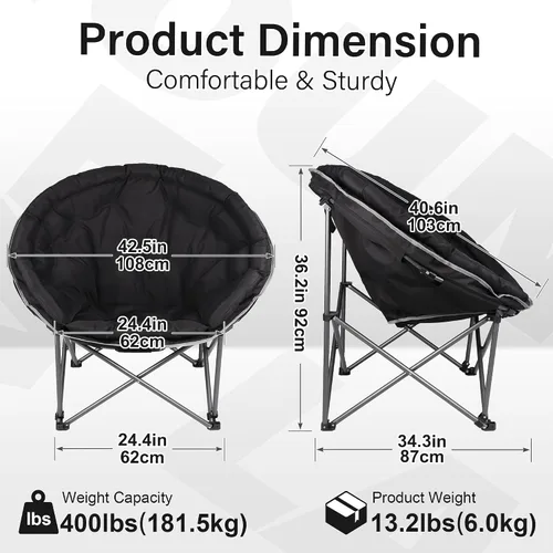 Vista 2 de Silla de Camping Plegable XXL de Tamaño Grande, Sillas de Campamento Redondas Super Cómodas y Acolchadas, Sillas de Césped Resistente