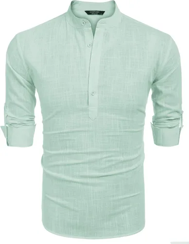 Vista 7 de COOFANDY - Camisa de lino y algodón con cuello Henley, de manga larga, estilo hippie, informal, camisetas de playa