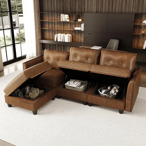 Vista 4 de LLappuil Sofá modular de cuero marrón Sofá seccional con almacenamiento