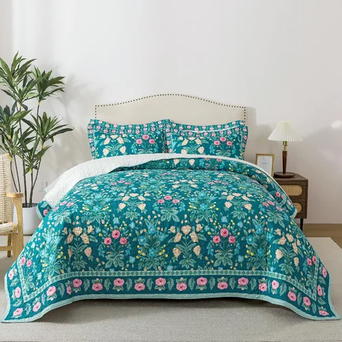 Vista 43 de HoneiLife - Juego de edredón de 3 piezas, colcha ligera de microfibra, diseño de flores silvestres, cubrecamas ligero y botánico, para todas