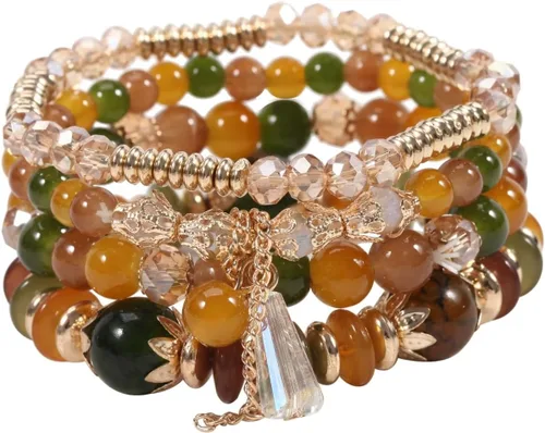 Vista 10 de 4 piezas de juego de pulseras bohemias apilables de múltiples capas con cuentas de cristal coloridas, pulseras elásticas con cuentas de oro Verde