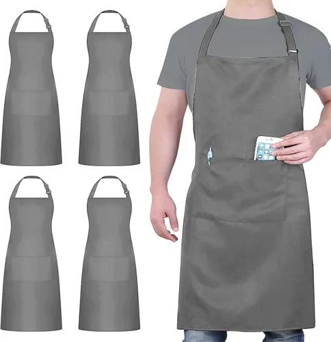 Vista 12 de Paquete de 4 delantales ajustables, delantal negro con 2 bolsillos, delantal lavable a máquina perfecto para cocinar, asar a la parrilla, lavar