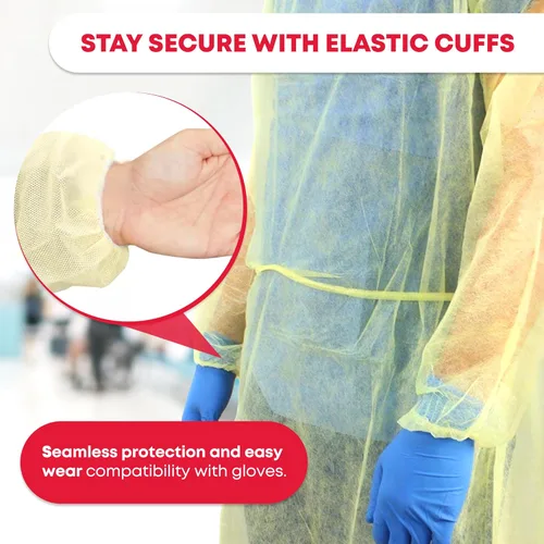 Vista 3 de Bata de aislamiento amarilla Ever Ready First Aid DYN2141-X10 con puños elásticos, cantidad universal (paquete de 10)