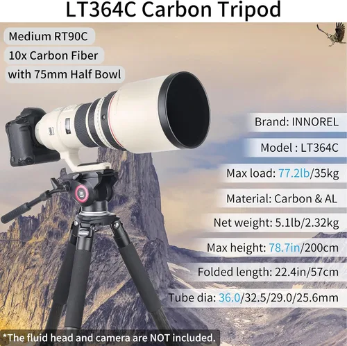 Vista 2 de Trípode de Fibra de Carbono-LT364C-Tamaño Pequeño RT90C Trípodes Profesionales de Servicio Pesado Estables Compactos para Cámara de Video Fotografía