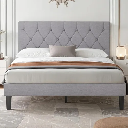 Vista 10 de VECELO Base de cama tamaño completo con cabecera capitoné con botones, plataforma tapizada con soporte de listones de madera, no necesita somier