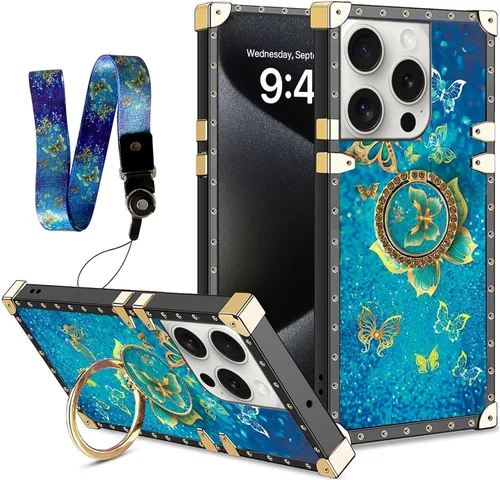 Vista 13 de nancheng Funda para iPhone 15, diseño de flor de mariposa azul, TPU suave, a prueba de golpes, con soporte de anillo y cordón a juego, elegante