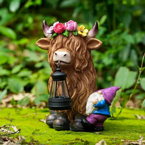 Vista 2 de TOLIMI - Farol de jardín con estatuas de resina de vaca de las tierras altas con gnomo, decoración de luz solar para exteriores, decoraciones