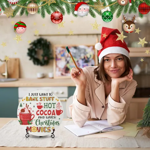 Vista 3 de Decoraciones navideñas para el dormitorio del hogar, letrero redondo de madera de cacao caliente con soporte de hierro para estante de mesa de Hot