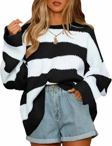 Vista 39 de ZESICA Suéter tejido sin botones de manga larga y cuello redondo, a rayas, bloques de color, cómodo, holgado, talla extragrande para mujer de 2024