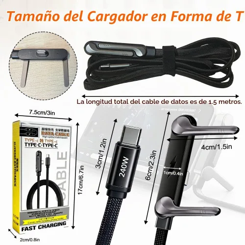 Vista 7 de 2 cargadores de teléfono laterales con 5 bridas de silicona para cables, cable de carga invisible de 240 W con soporte de metal ajustable de 360°