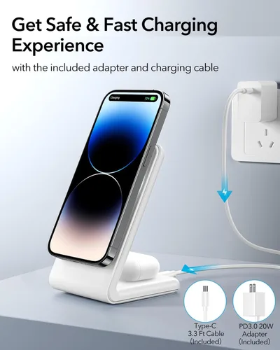 Vista 11 de 2-en-1 para soporte de carga compatible con Magsafe con bloque de carga USB-C PD de 20W y cable, cargador inalámbrico de carga rápida diseñado