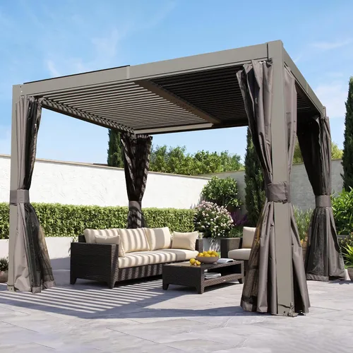 Vista 10 de Domi - Pérgola de aluminio para exteriores de 10 x 10 pulgadas con cortinas y malla Marrón oscuro