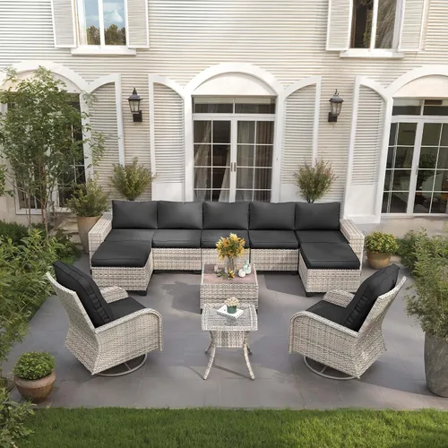 Vista 83 de Muebles de patio al aire libre conjunto PE mimbre ratán al aire libre sofá seccional Gris