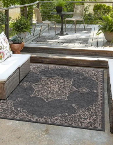 Vista 49 de Unique Loom Alfombra de la colección tradicional para exteriores, antigua (4 pies 1 pulgada, redonda, verde azulado/gris)