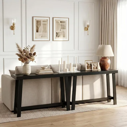 Vista 3 de Mesa de consola estrecha de bambú de 47.2" (120 cm), mesa auxiliar de madera estilo granja, mesa rectangular de entrada, mesa de sofá moderna detrás