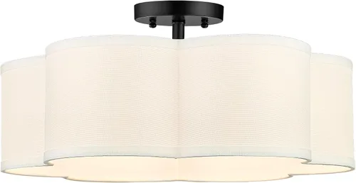 Vista 13 de Lámpara de Techo Semiempotrada Dorada, 3 Luces Accesorios de Iluminación de Techo de 12.5" con Pantalla de Tela en Forma de Flor, Luces de Tambor