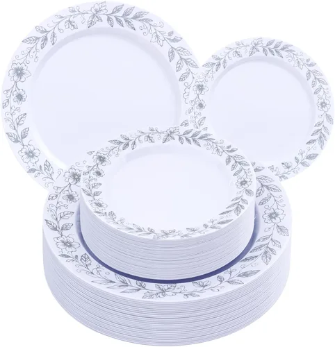 Vista 16 de EI - Juego de 60 platos de plástico color crema, cena de 10.25 pulgadas y platos florales de postre de 7.5 pulgadas, elegantes platos de plástico