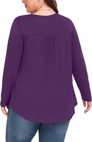 Vista 6 de Camiseta básica para mujer, talla grande, cuello Henley, con botones, ajuste holgado, estilo casual
