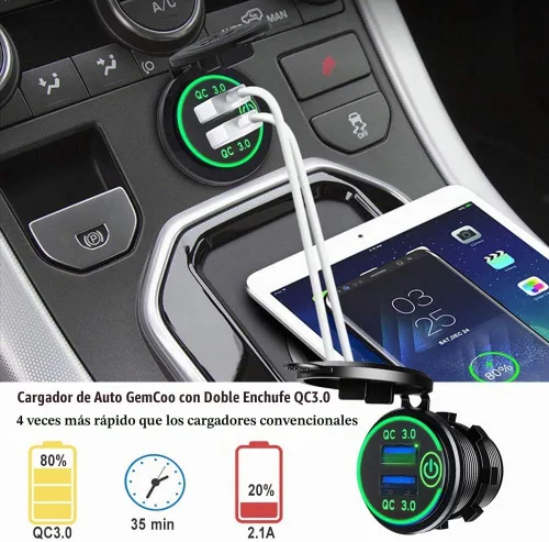 Vista 4 de GemCoo Enchufe de cargador USB de 12 V/24 V, 36 W QC 3.0 puertos USB duales, interruptor táctil, indicador LED, resistente al agua, verde