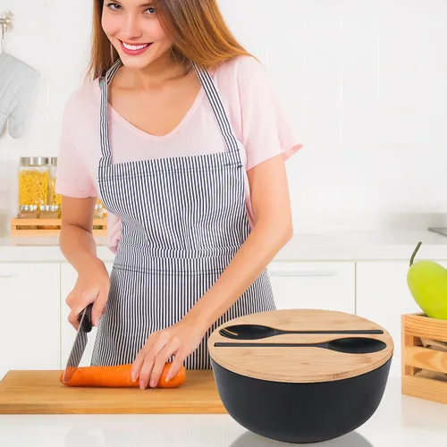 Vista 7 de GEHE - Juego de ensaladera de fibra de bambú con utensilios para servir - Grande de 9.8 pulgadas, recipientes para mezclar de bambú sólido